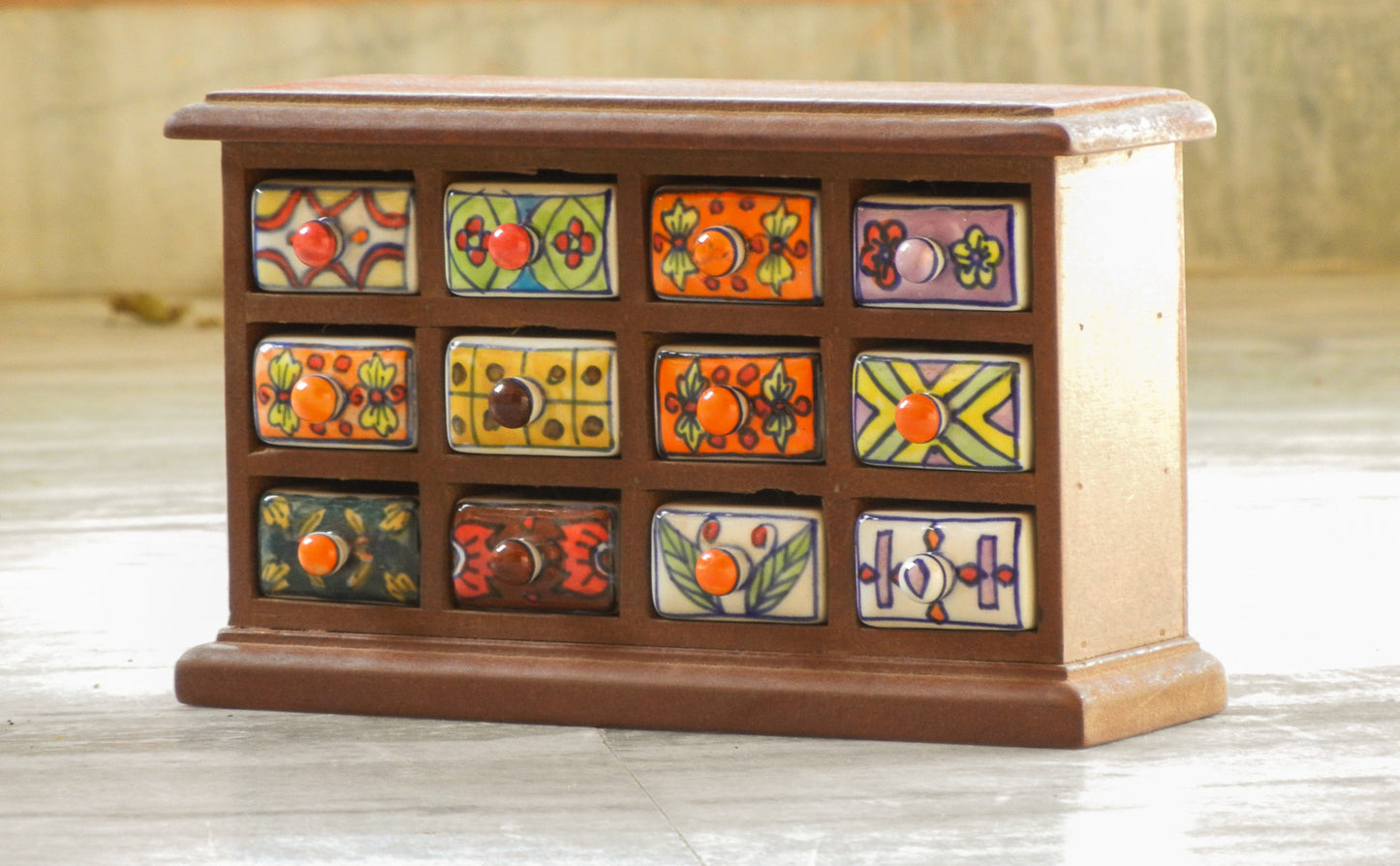 Wooden & Ceramic 12 Mini Drawer Chest, Desk Organizer