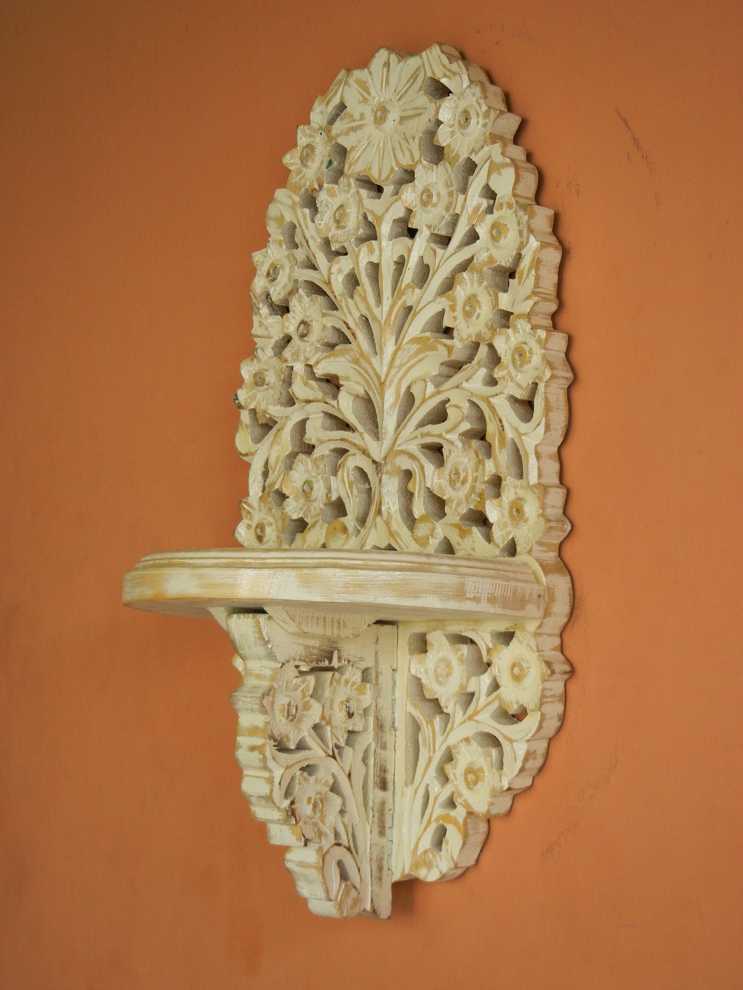 Wooden Carved Distressed Blooming Flower Wall Bracket