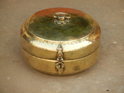 Old Vintage Brass Hand Engraved Chapati Box, Bread Box Antique