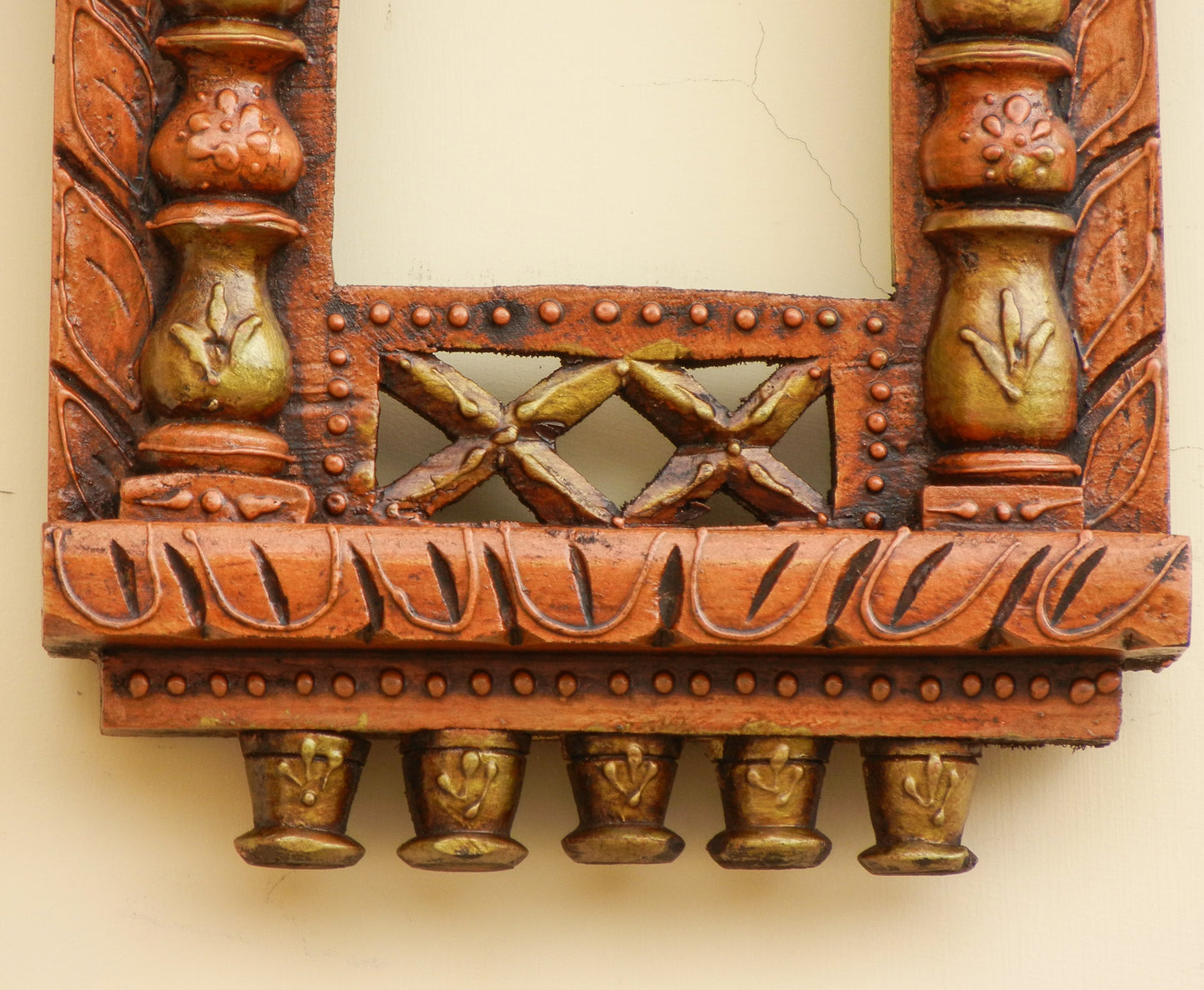 WOODEN COPPER PAINTED JHAROKHA, WALL DECOR