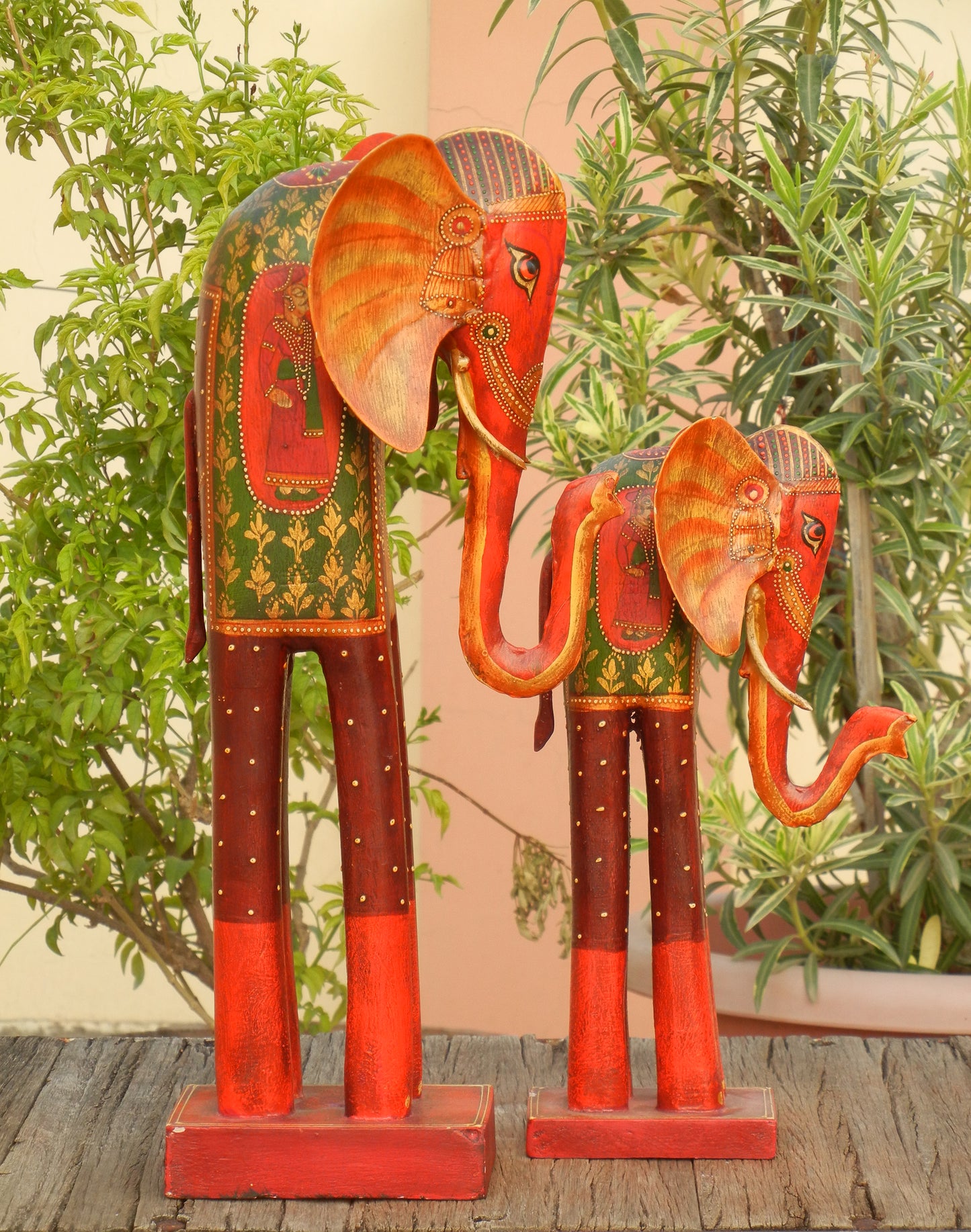 WOODEN & METAL FINE PAINTED ELEPHANT STATUE, FIGURINE - SET OF 2