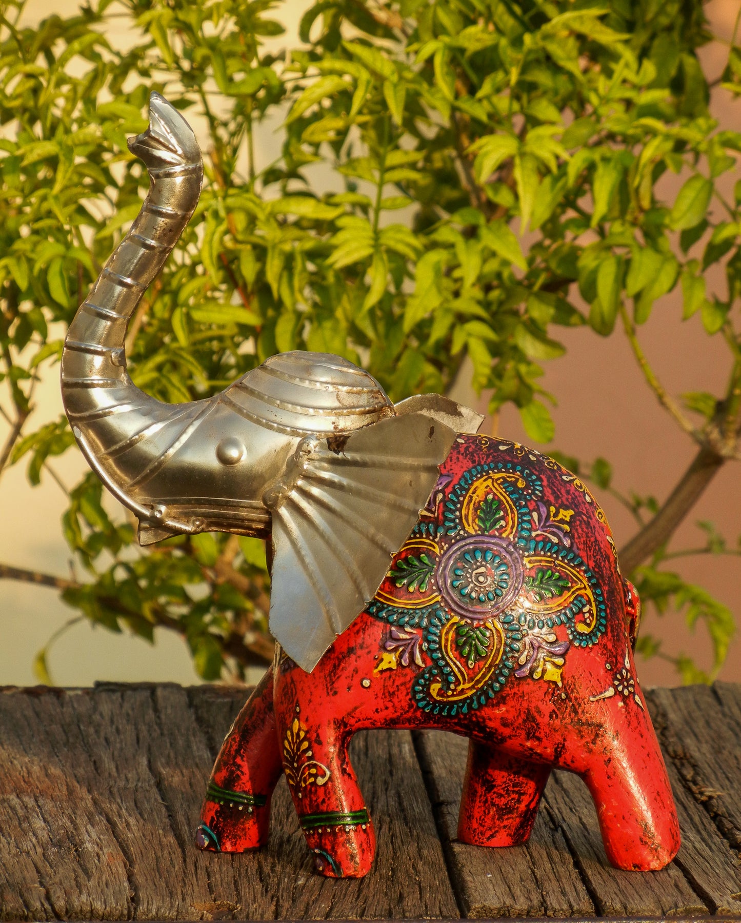 WOODEN & METAL PAINTED ELEPHANT STATUE, FIGURINE