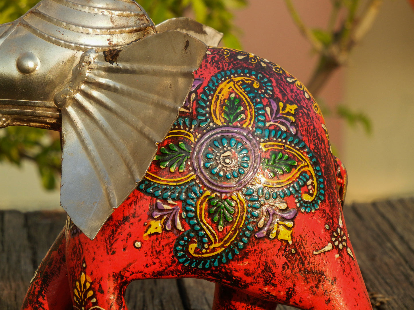 WOODEN & METAL PAINTED ELEPHANT STATUE, FIGURINE