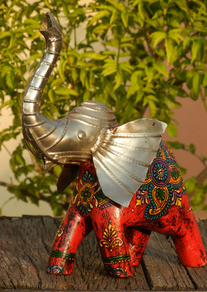 WOODEN & METAL PAINTED ELEPHANT STATUE, FIGURINE