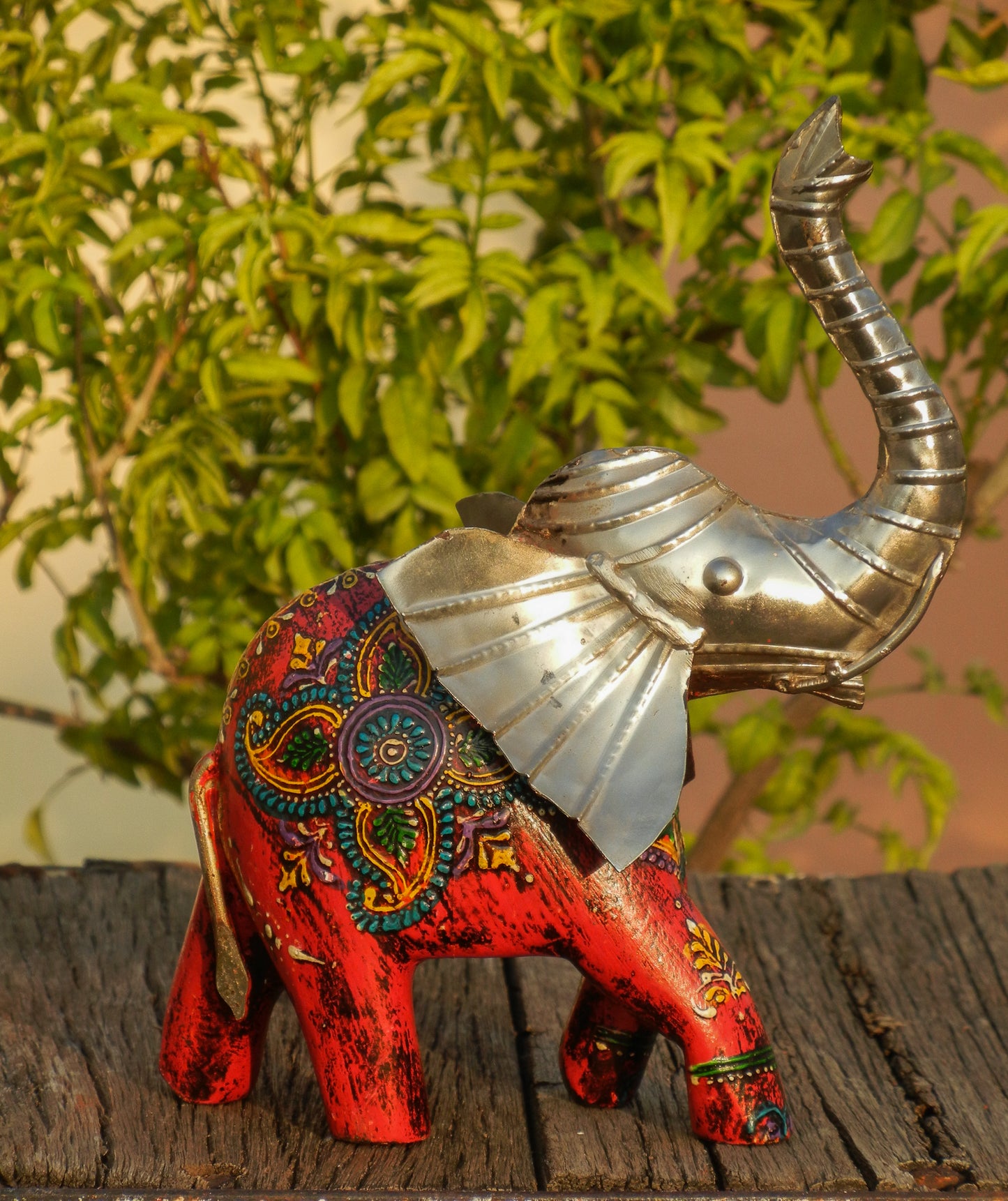 WOODEN & METAL PAINTED ELEPHANT STATUE, FIGURINE