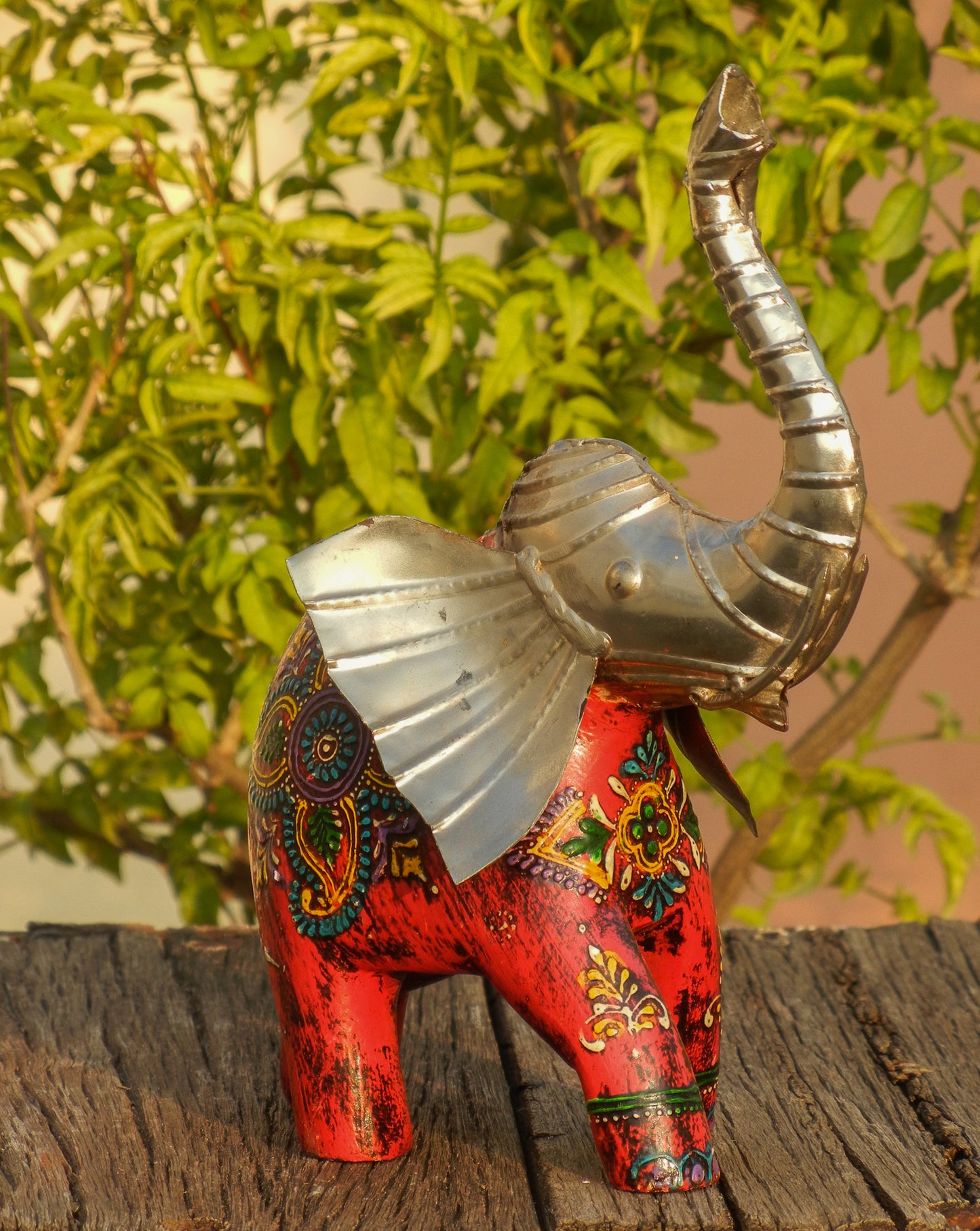 WOODEN & METAL PAINTED ELEPHANT STATUE, FIGURINE