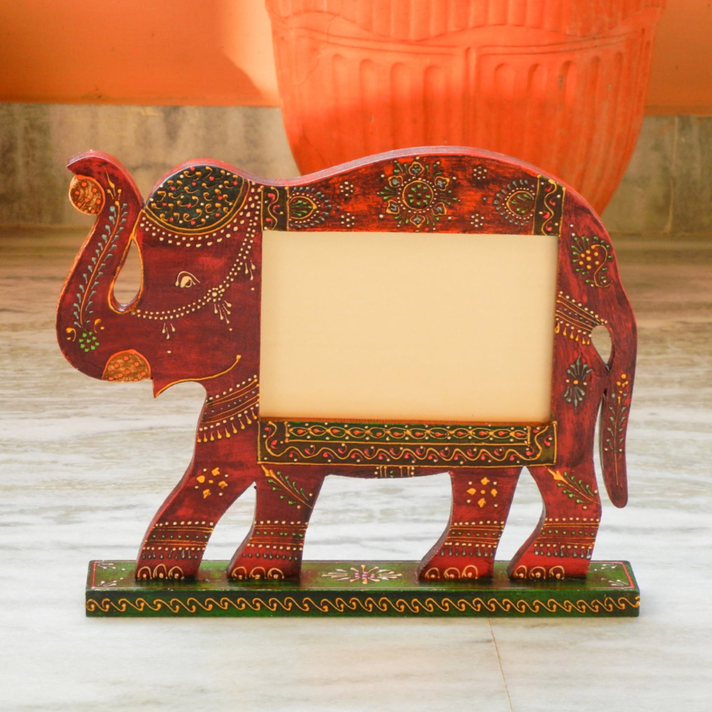 Wooden Ethnic Multicolored Elephant Photo Frame Photo Stand