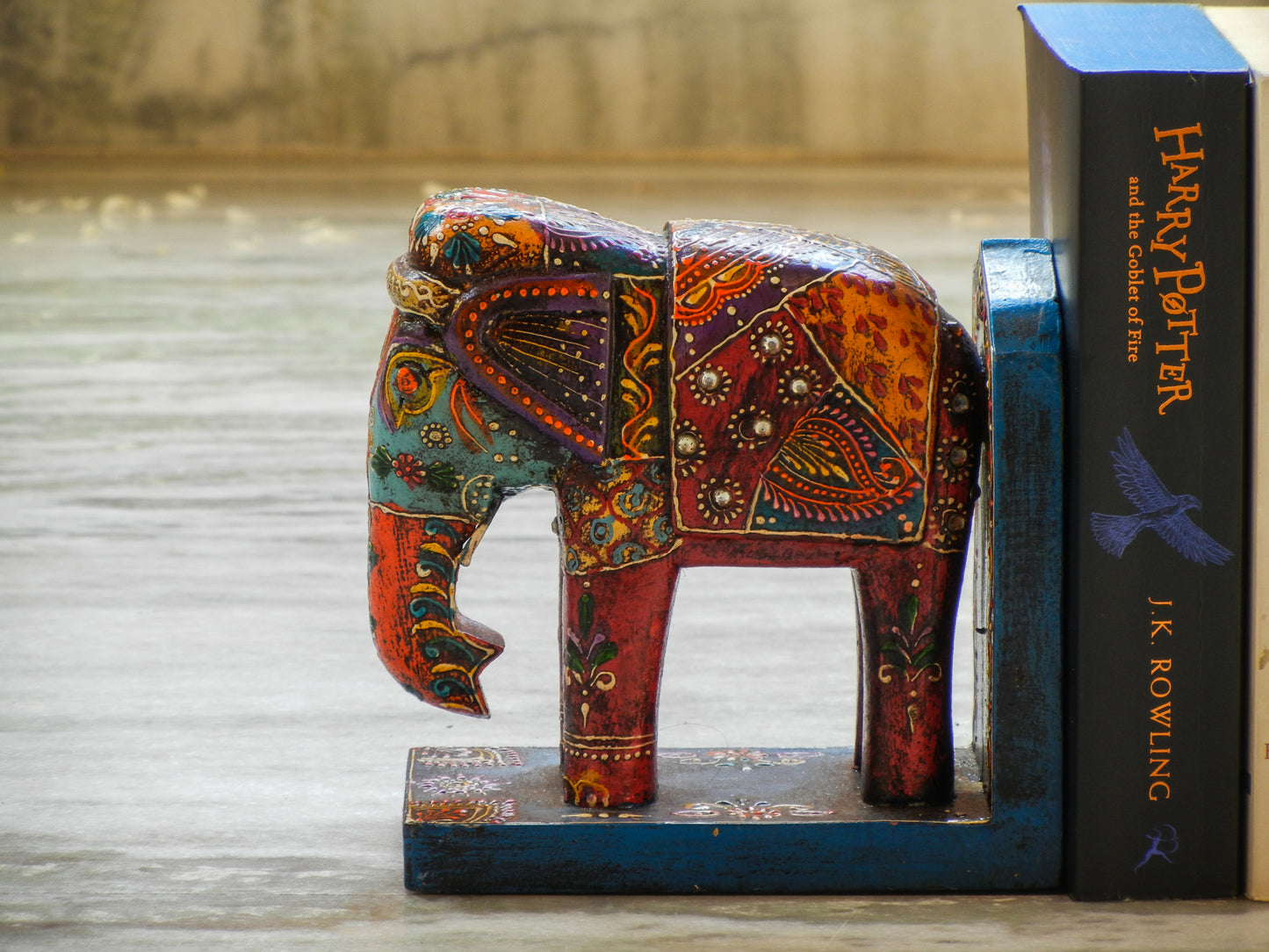 Wooden Painted Elephant Bookend