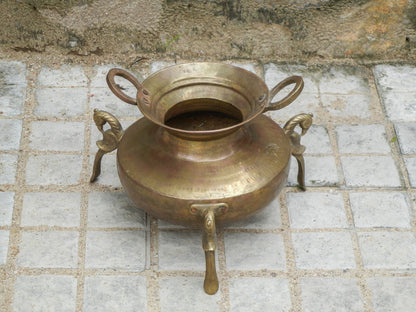 Vintage Brass Handi With 3 Peacock Stand