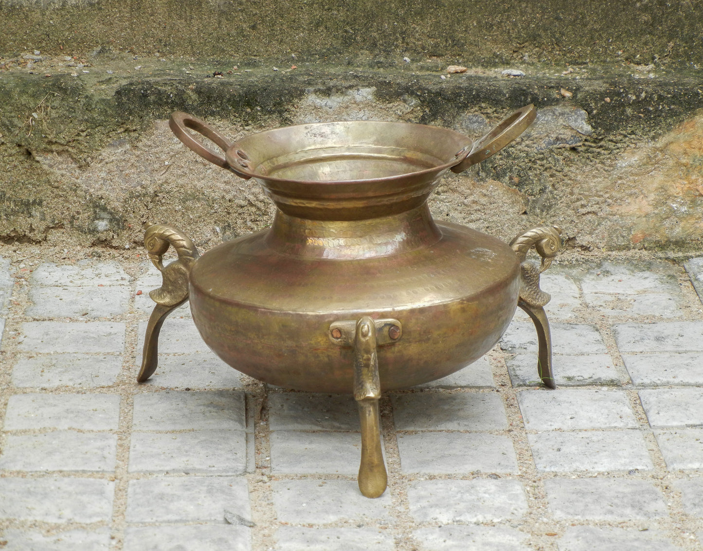 Vintage Brass Handi With 3 Peacock Stand