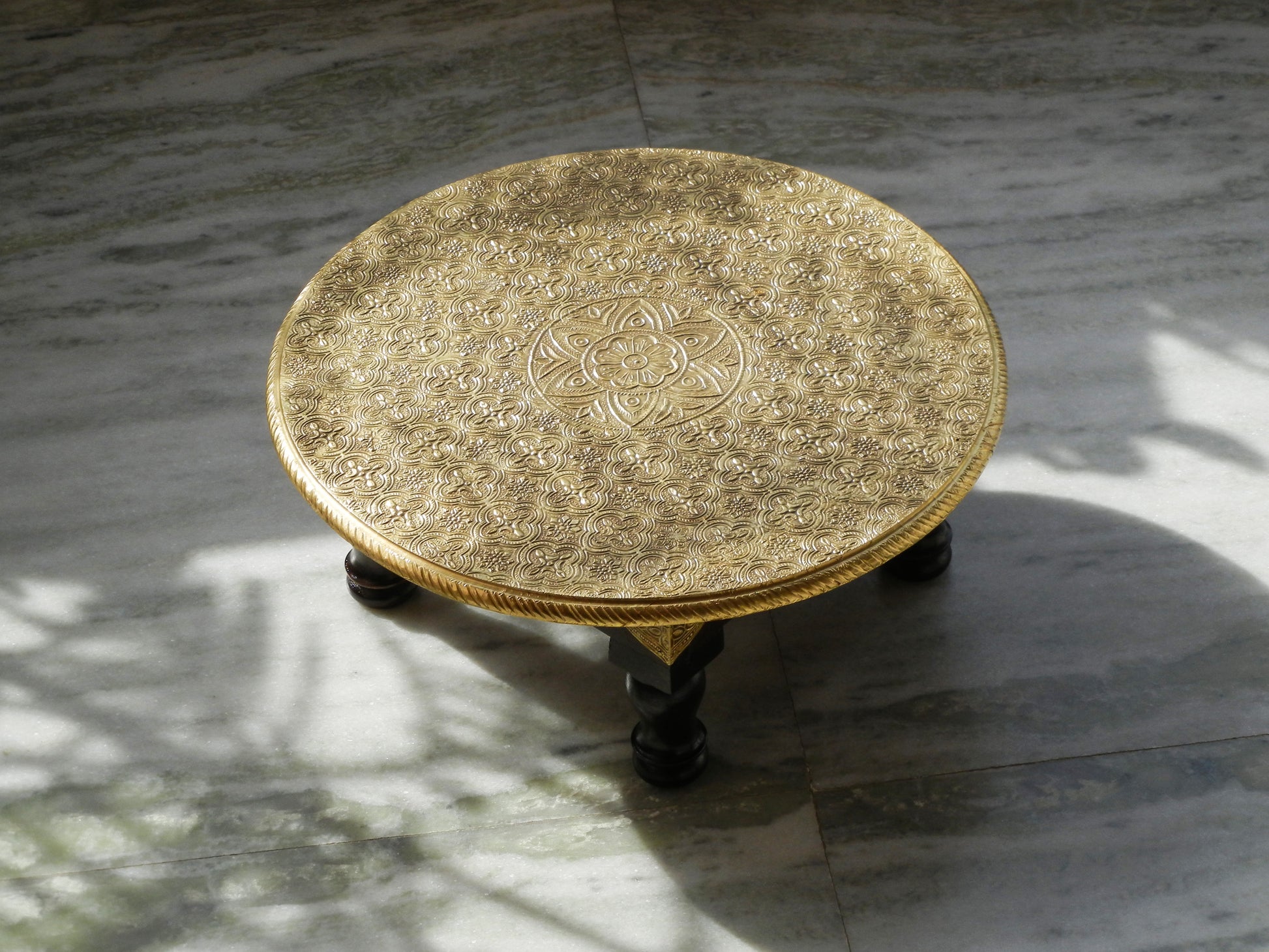 wooden & brass round chowki bajot coffee table