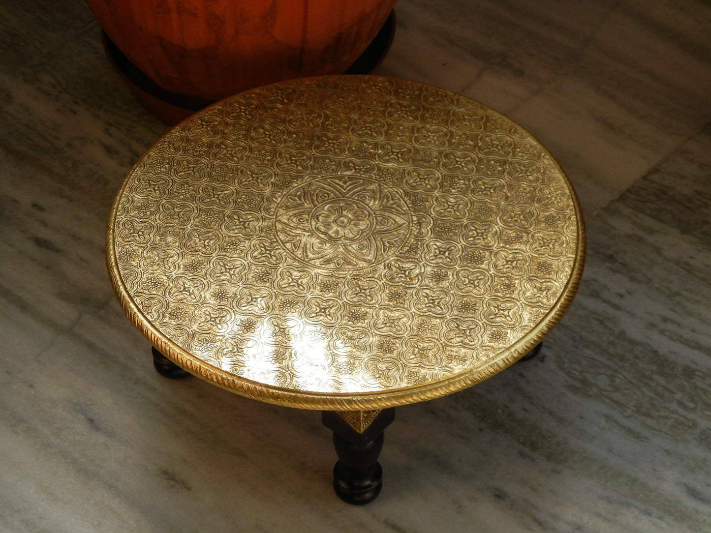 wooden & brass round chowki bajot coffee table