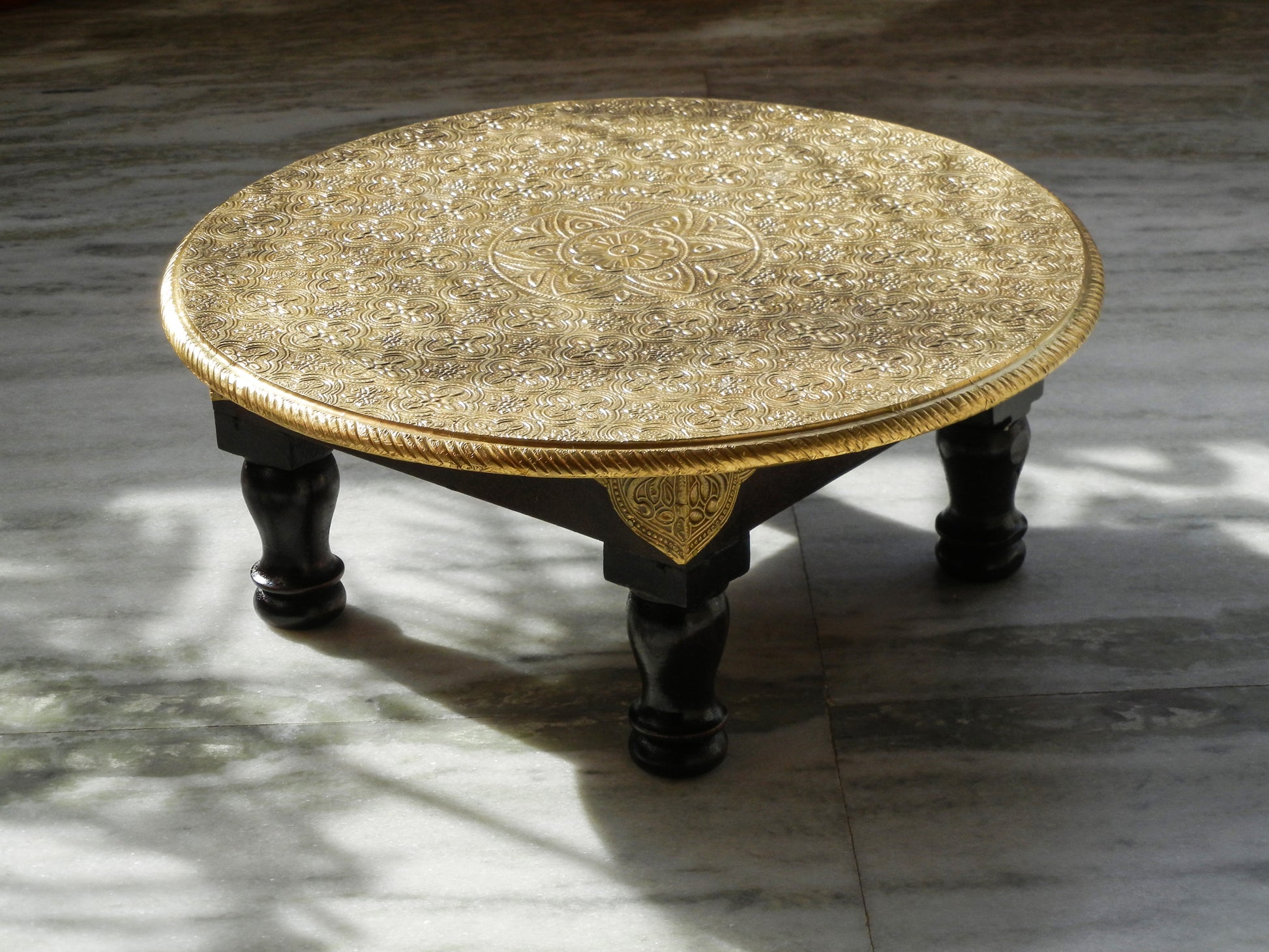 wooden & brass round chowki bajot coffee table