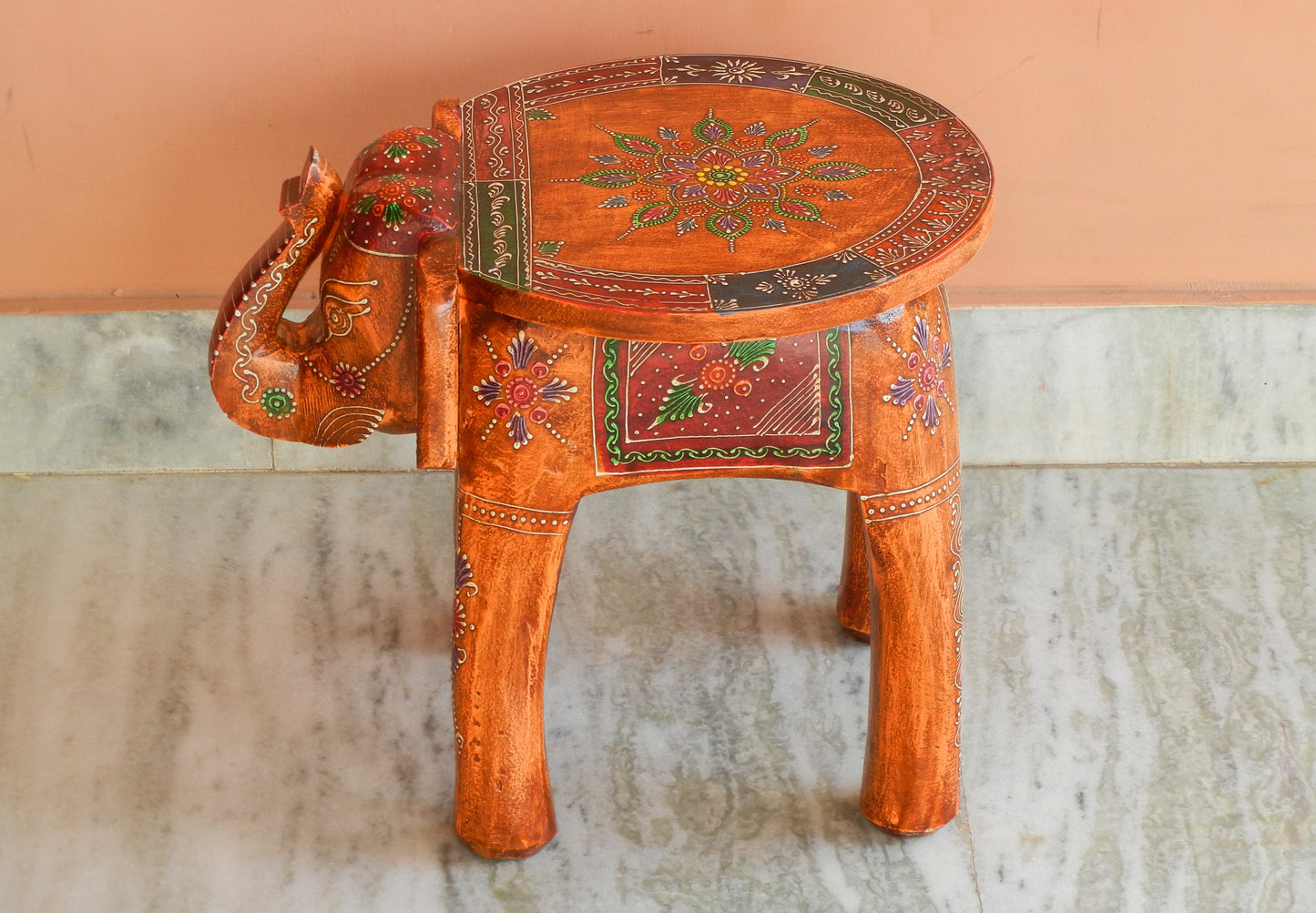 Shivay Arts Wooden Elephant Painted Pouffe Ottoman Stool