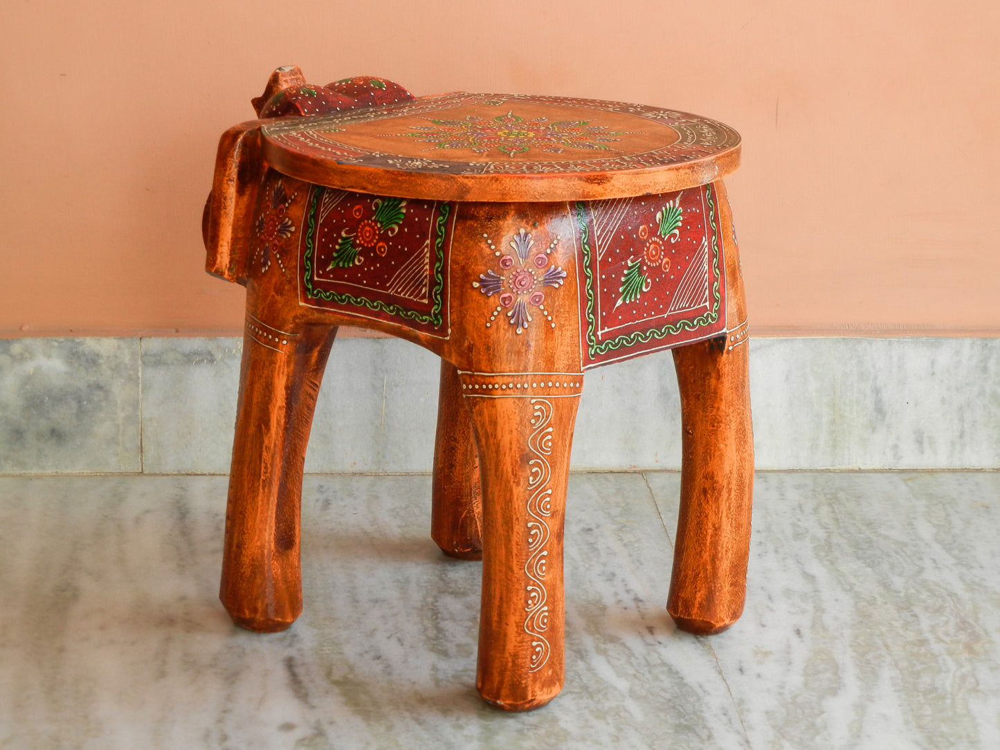 Shivay Arts Wooden Elephant Painted Pouffe Ottoman Stool