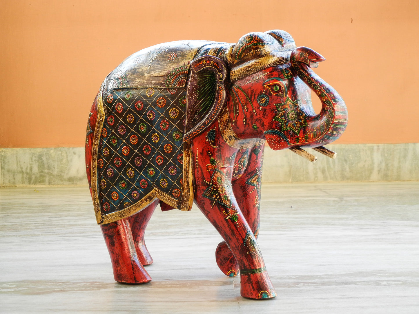 WOODEN PAINTED ELEPHANT STATUE, FIGIURINE