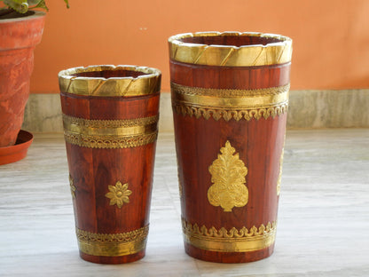 Wooden & Brass Sheet Designer Ethnic Flower Vase Pot - Set Of 2