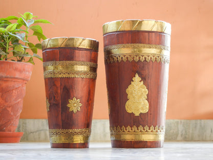 Wooden & Brass Sheet Designer Ethnic Flower Vase Pot - Set Of 2