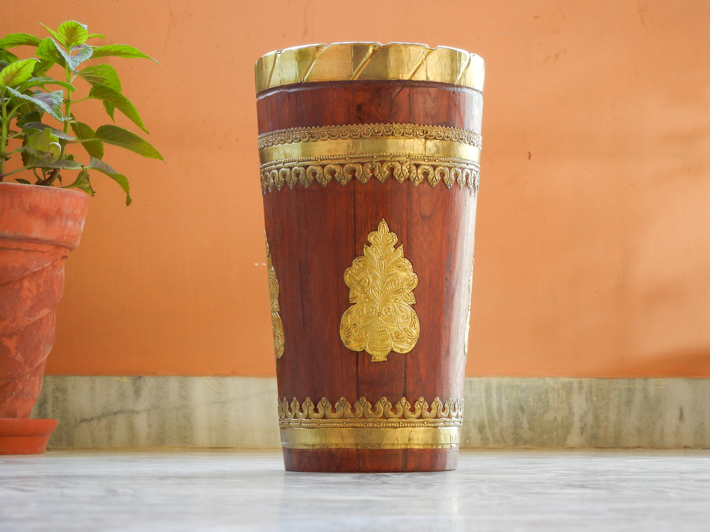 Wooden & Brass Sheet Designer Ethnic Flower Vase Pot - Set Of 2