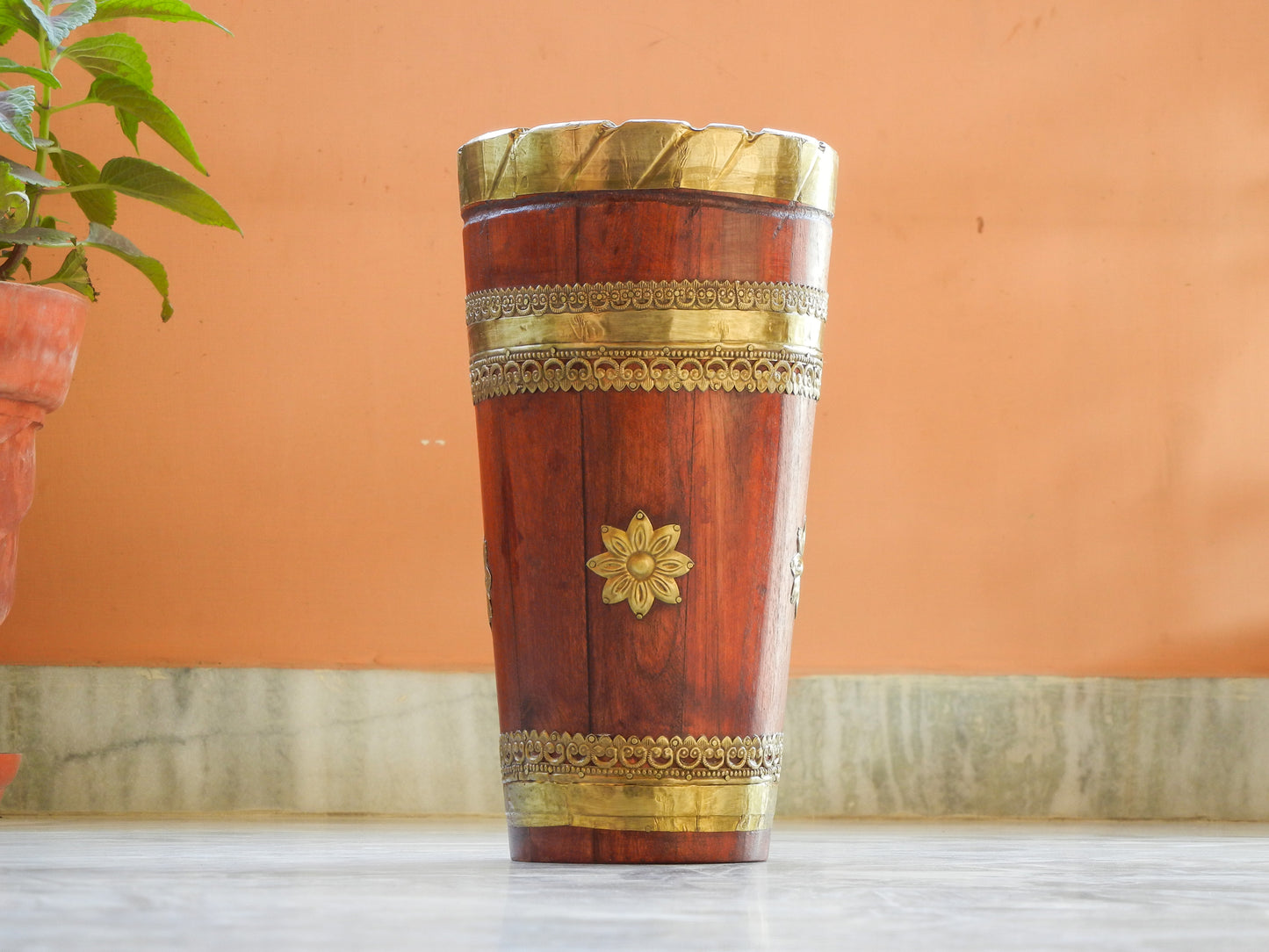 Wooden & Brass Sheet Designer Ethnic Flower Vase Pot - Set Of 2