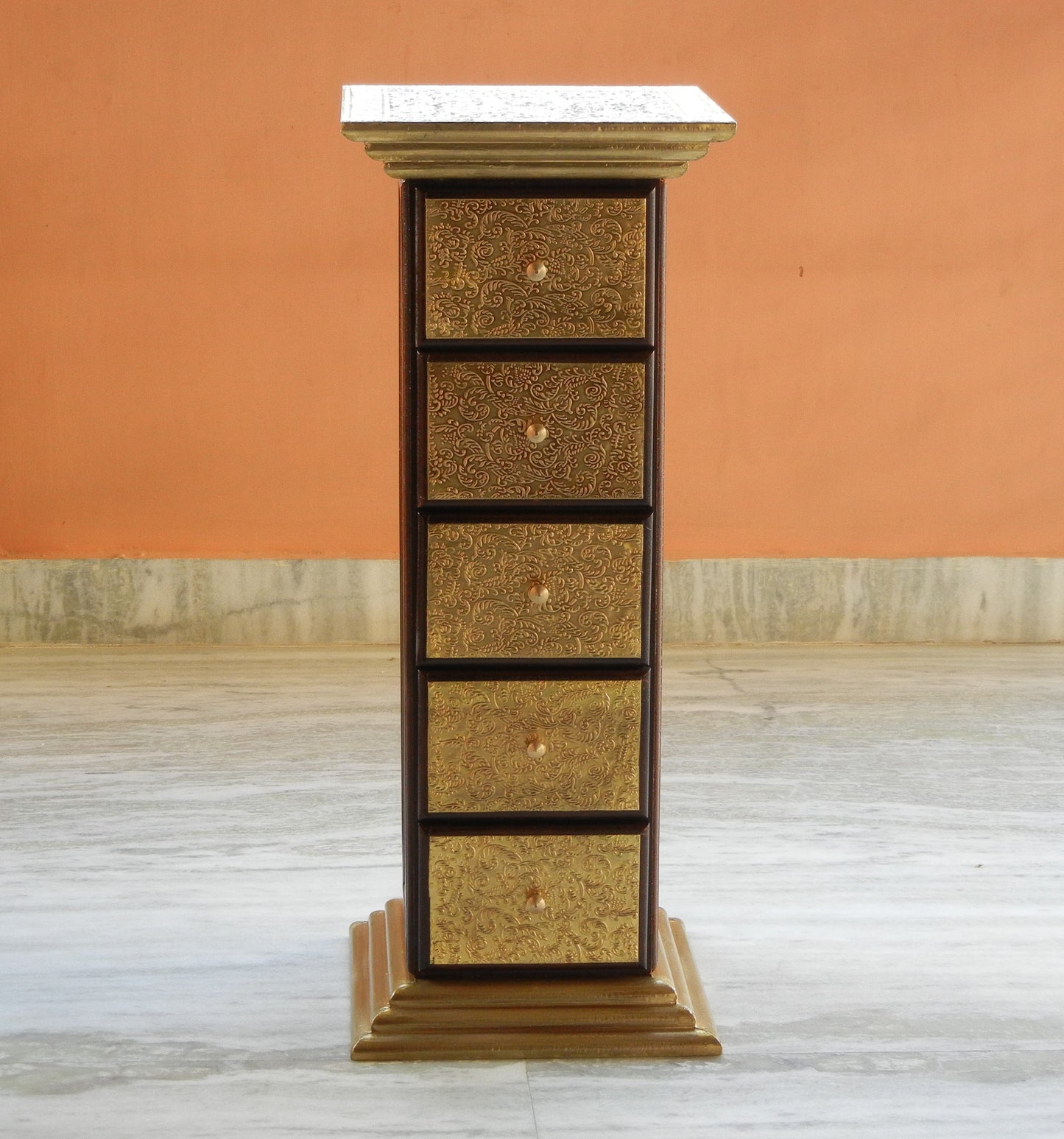 Wooden & Brass Ethnic Pillar Drawer