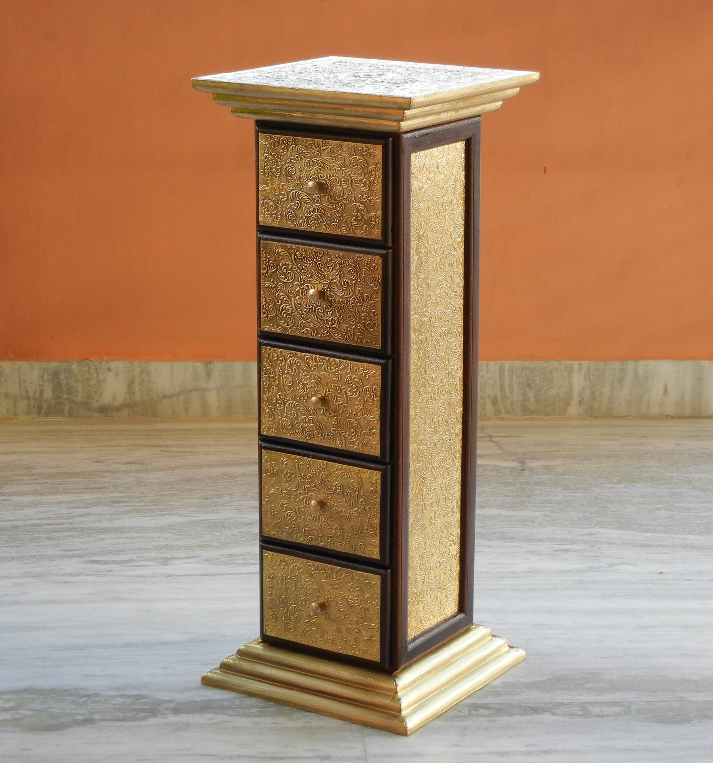 Wooden & Brass Ethnic Pillar Drawer