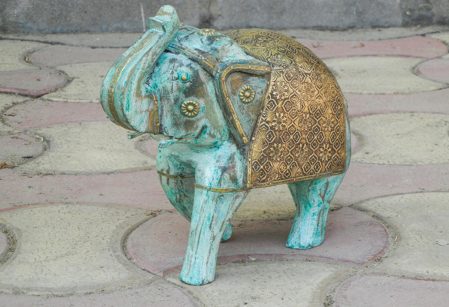 WOODEN & BRASS DISTRESS ELEPHANT STATUE, FIGURINE