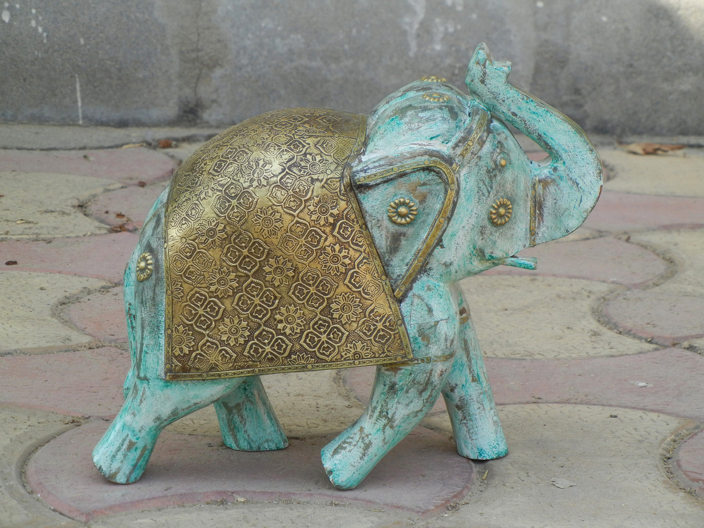 WOODEN & BRASS DISTRESS ELEPHANT STATUE, FIGURINE