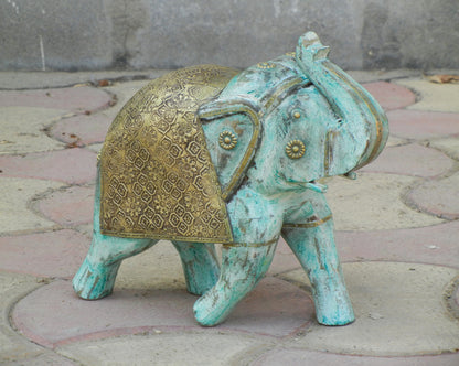 WOODEN & BRASS DISTRESS ELEPHANT STATUE, FIGURINE