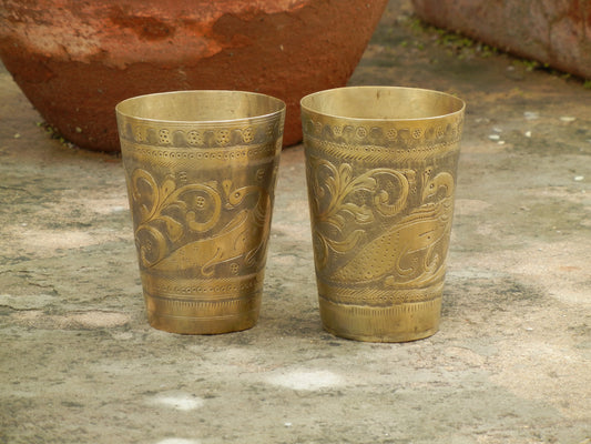 Old Vintage Brass Indian Glass, Wine Glass, Butter Milk Glass - Set Of 2