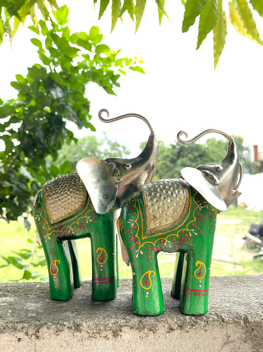 WOODEN METAL PAINTED ELEPHANT FIGURINE - SET OF 2