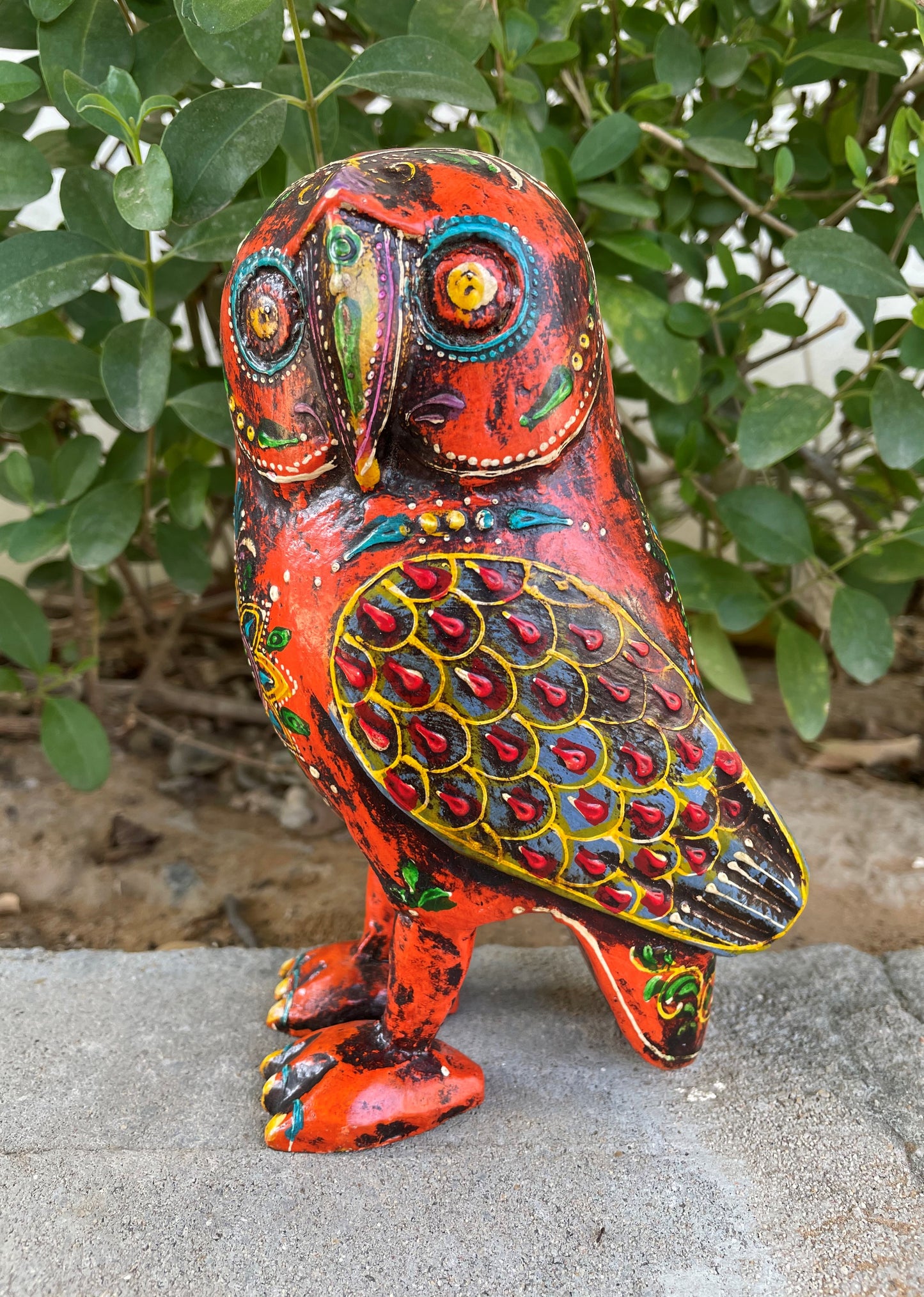 WOODEN PAINTED OWL FIGURINE