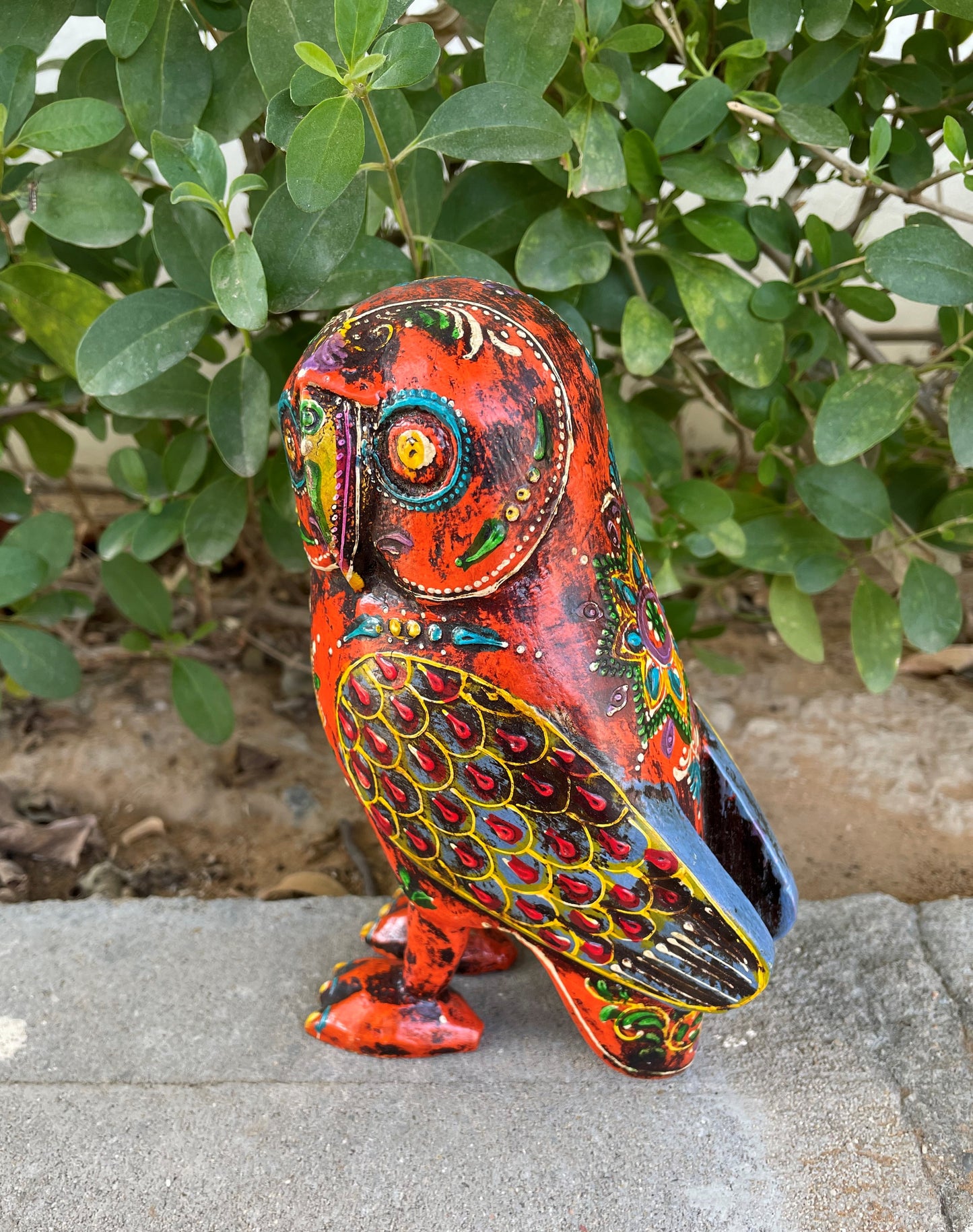 WOODEN PAINTED OWL FIGURINE