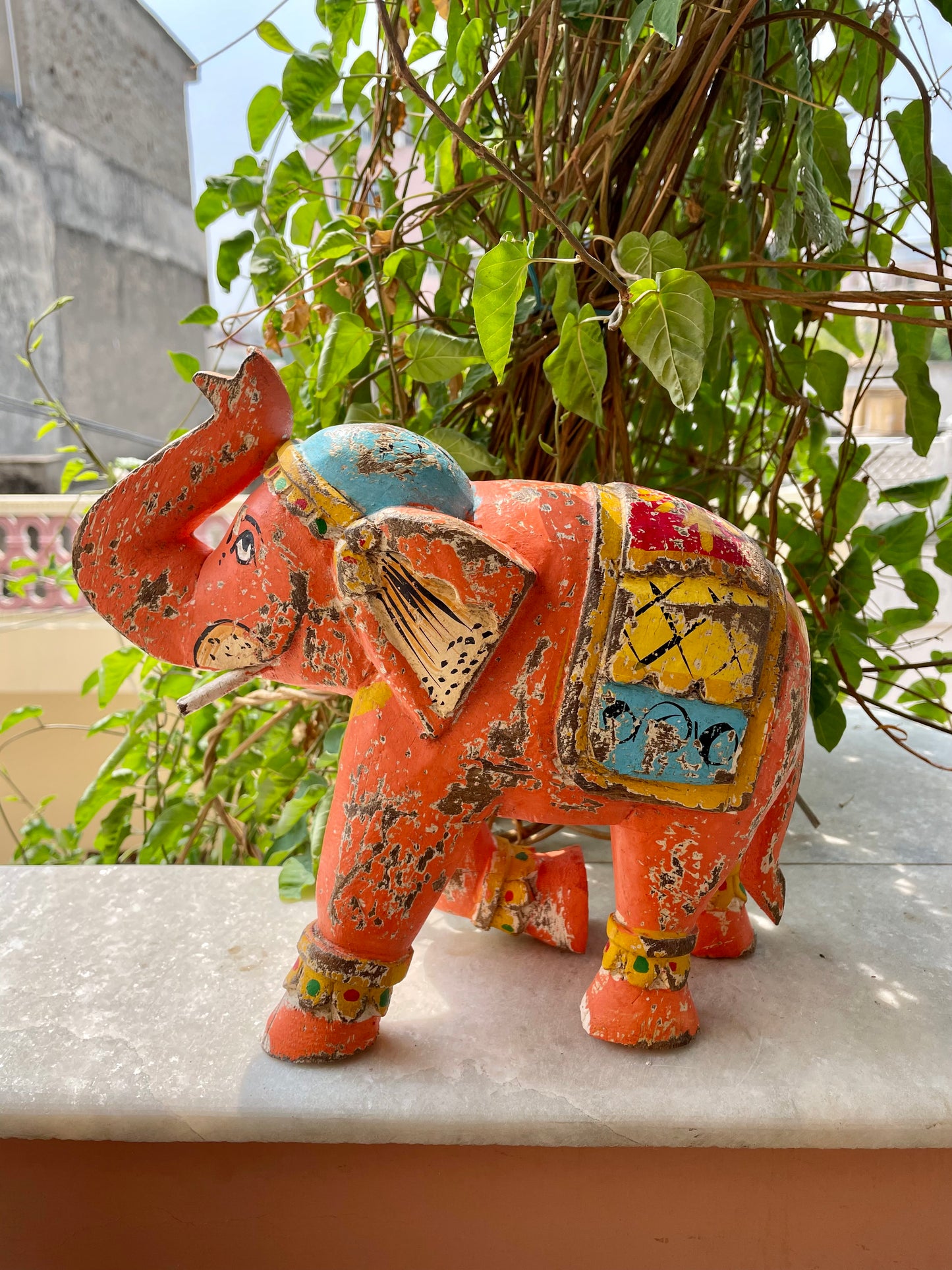 WOODEN DISTRESS FINISH ELEPHANT STATUE, FIGURINE