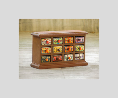 Wooden & Ceramic 12 Mini Drawer Chest, Desk Organizer