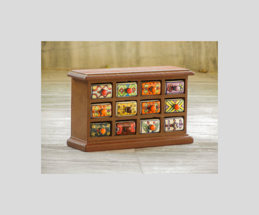 Wooden & Ceramic 12 Mini Drawer Chest, Desk Organizer