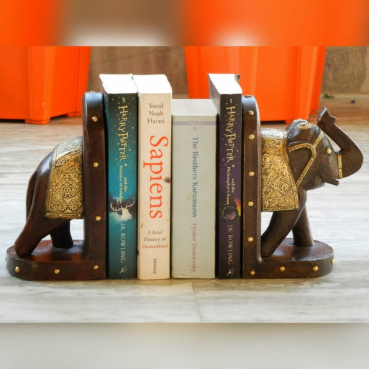 Wooden Elephant Bookend With Brass Work