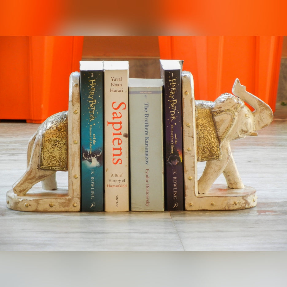 Wooden Elephant Bookend With Brass Work