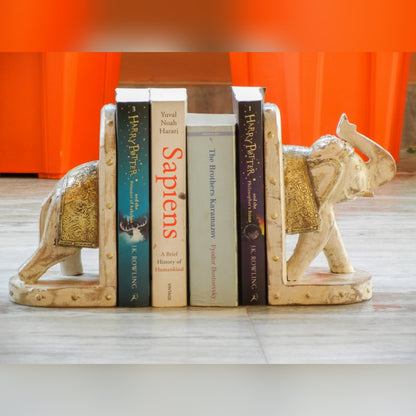 Wooden Elephant Bookend With Brass Work