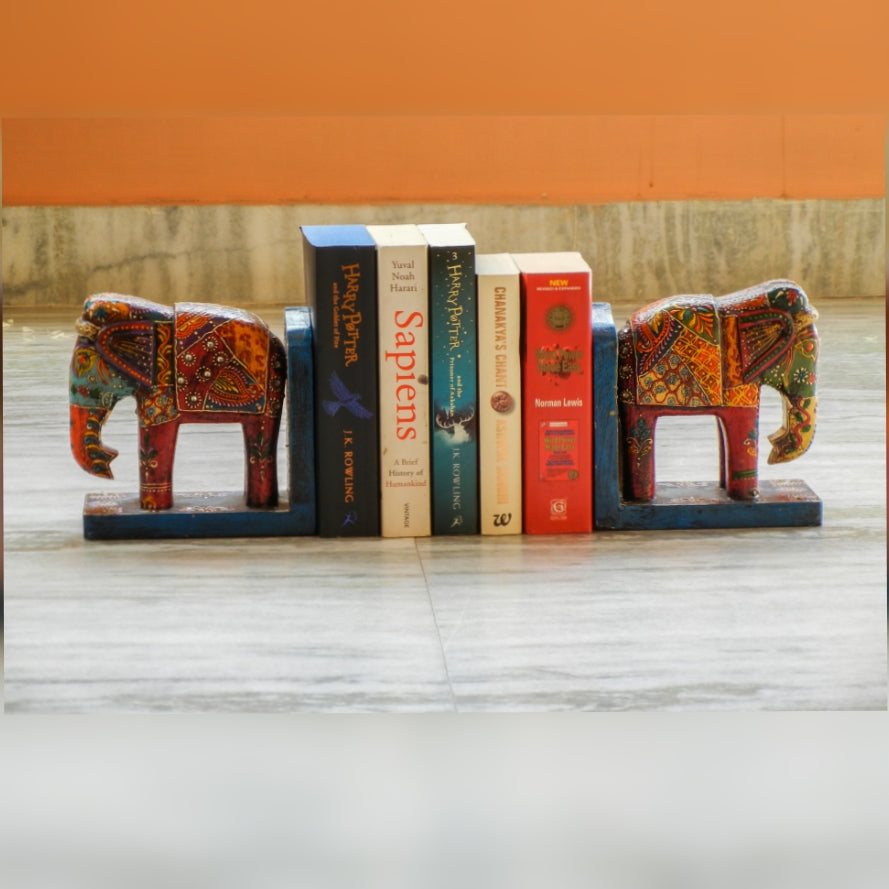 Wooden Painted Elephant Bookend