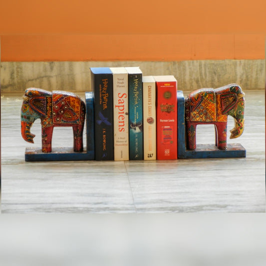 Wooden Painted Elephant Bookend