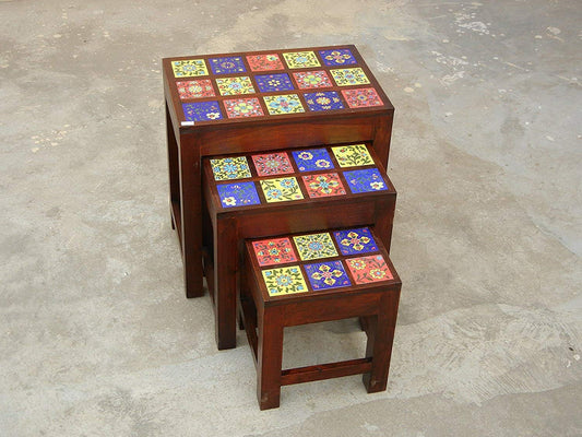 Contemporary Designer Wooden & Ceramic Nesting Stool Table Side Table - Set of 3