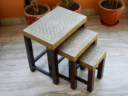 Ethinc Designer Wooden & Brass Nesting Stool Table Side Table - Set of 3