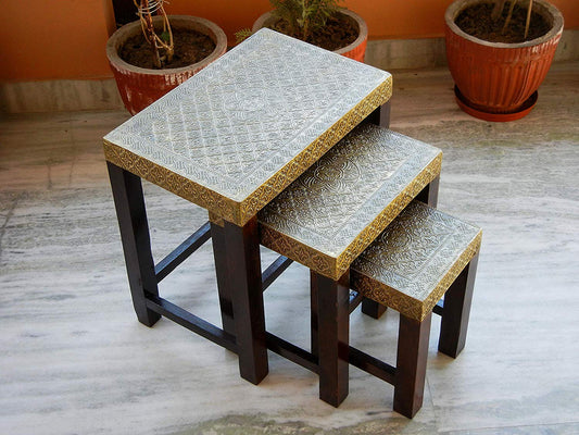 Ethinc Designer Wooden & Brass Nesting Stool Table Side Table - Set of 3