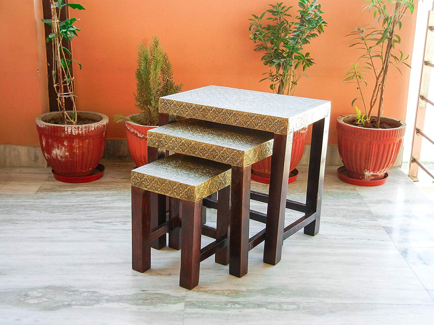 Ethinc Designer Wooden & Brass Nesting Stool Table Side Table - Set of 3