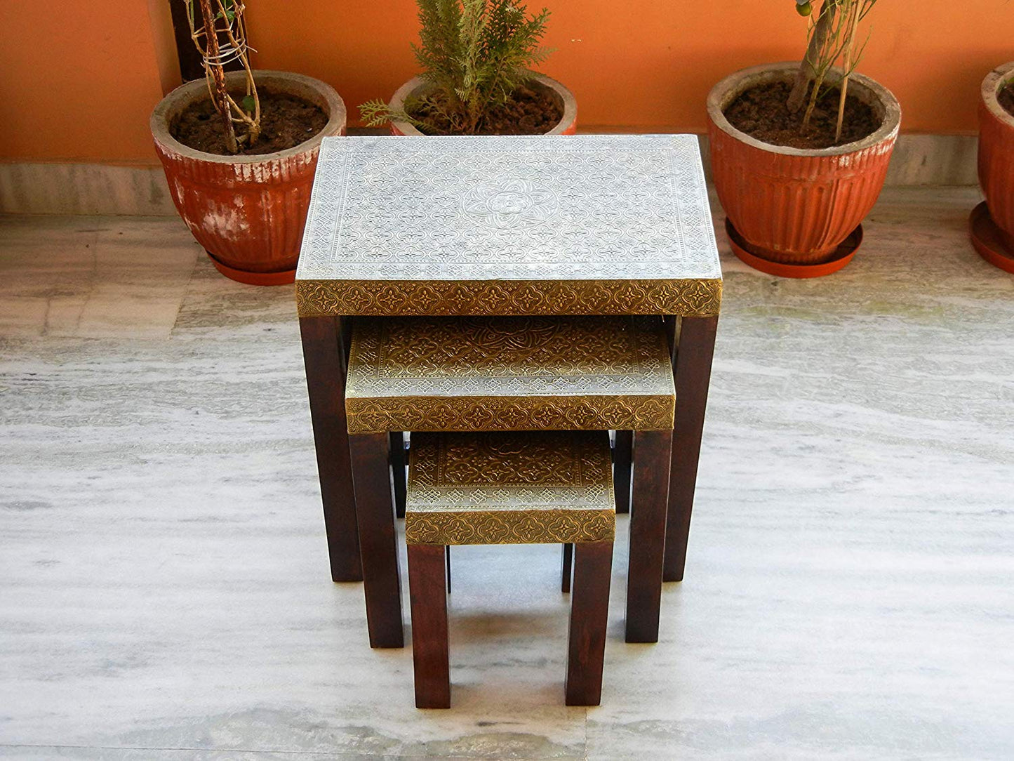 Ethinc Designer Wooden & Brass Nesting Stool Table Side Table - Set of 3