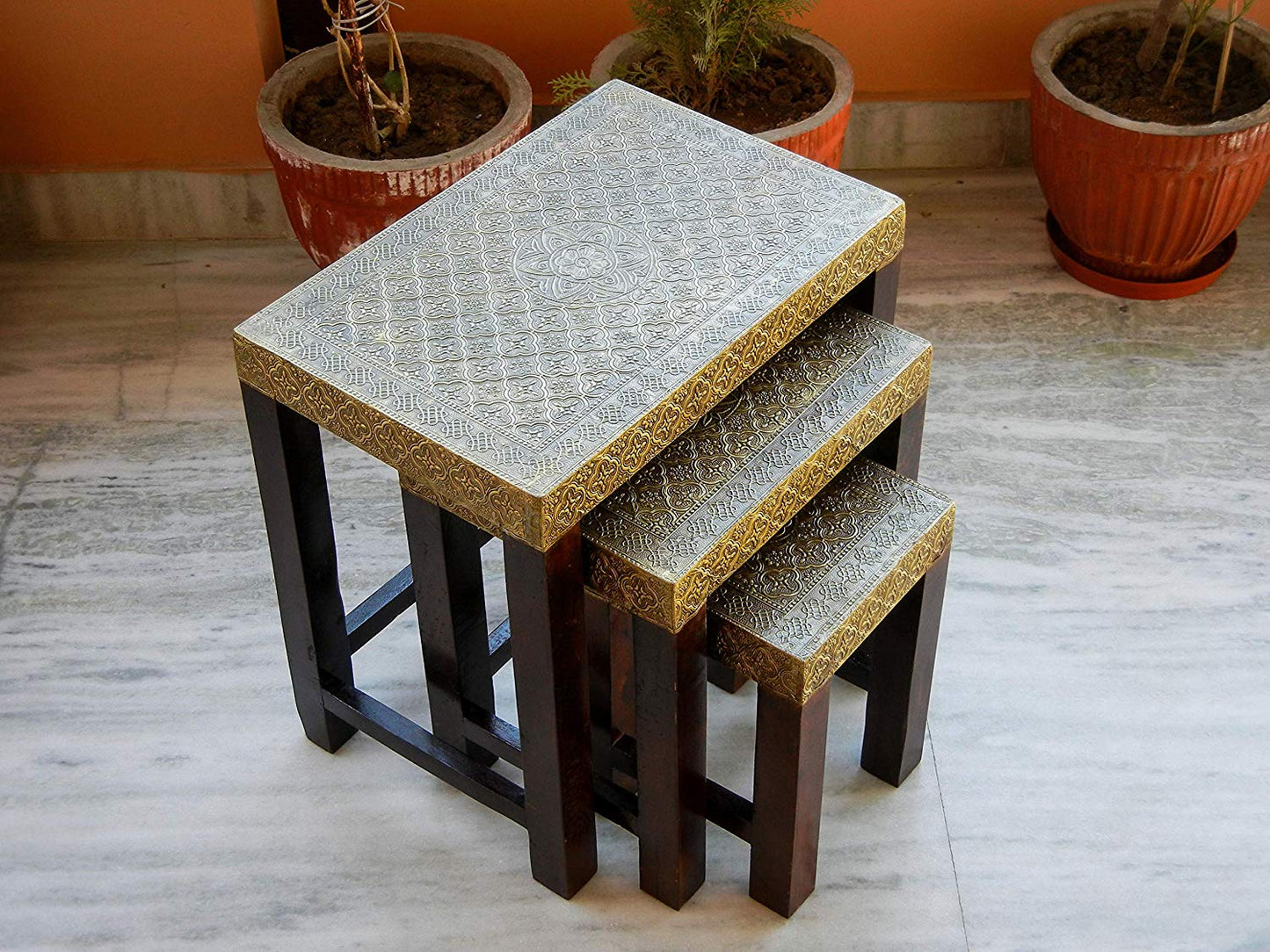 Ethinc Designer Wooden & Brass Nesting Stool Table Side Table - Set of 3