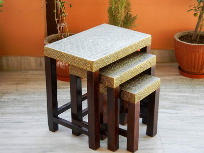 Ethinc Designer Wooden & Brass Nesting Stool Table Side Table - Set of 3